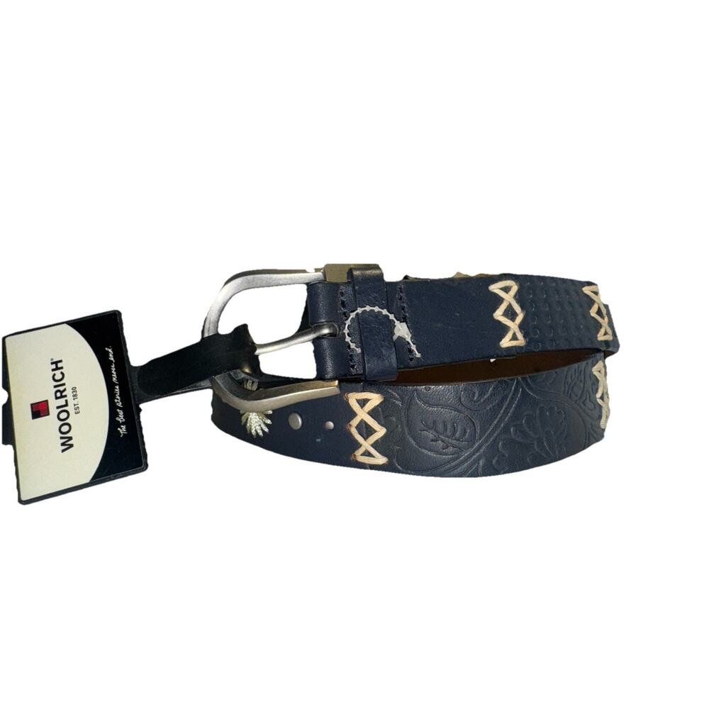 Woolrich Navy Leather Belt Genuine Leather Size S NWT / Stitched / Floral Emboss